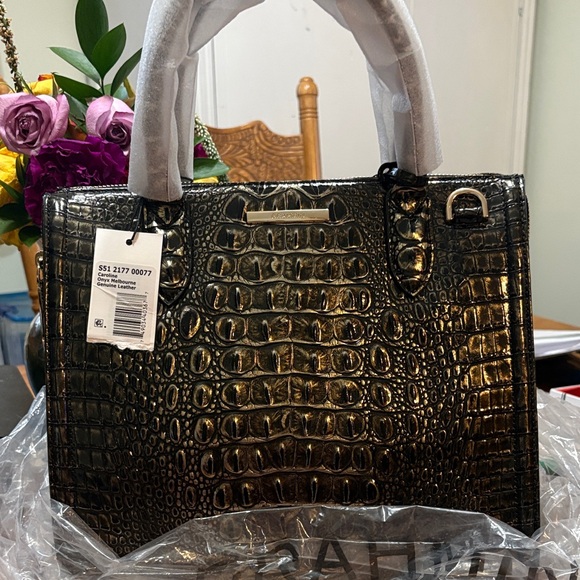 Brahmin Black and Gold Croc-Embossed Tote